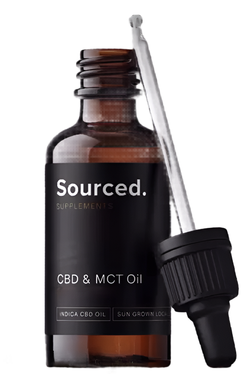 Sourced CBD & MCT oil bottle with dropper on a grey background